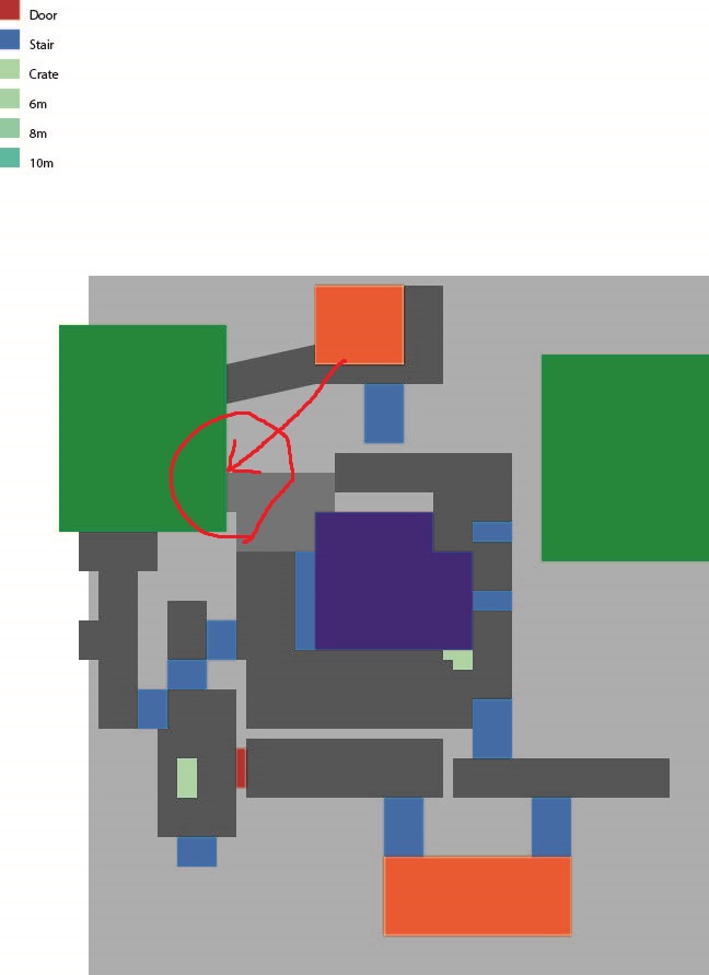 Early connector from mid to B site in a tactical shooter map blockout.